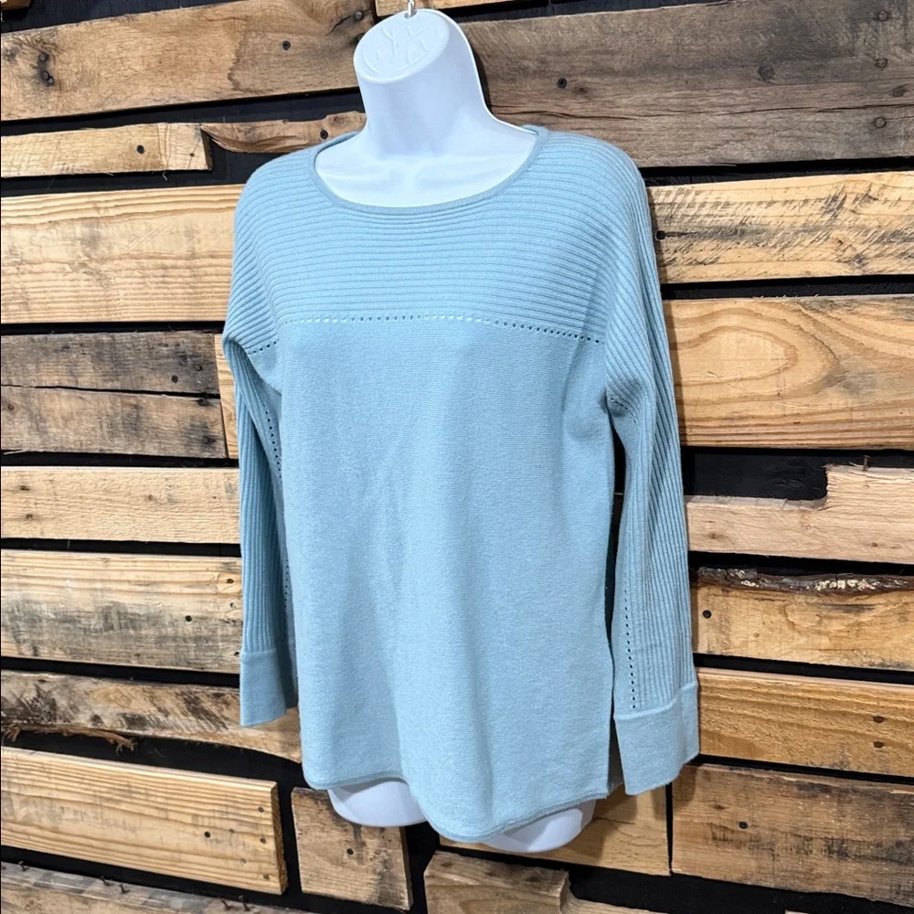 Woolovers Wool Cashmere Blue Ribbed‎ Knit Crew Neck Sweater Long Sleeve Size S